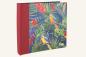 Preview: High-quality photo album with a red linen spine and a parrot motif